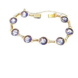 Small Vintage silver colored bracelet blue flowers slide clasp safety chain EVC